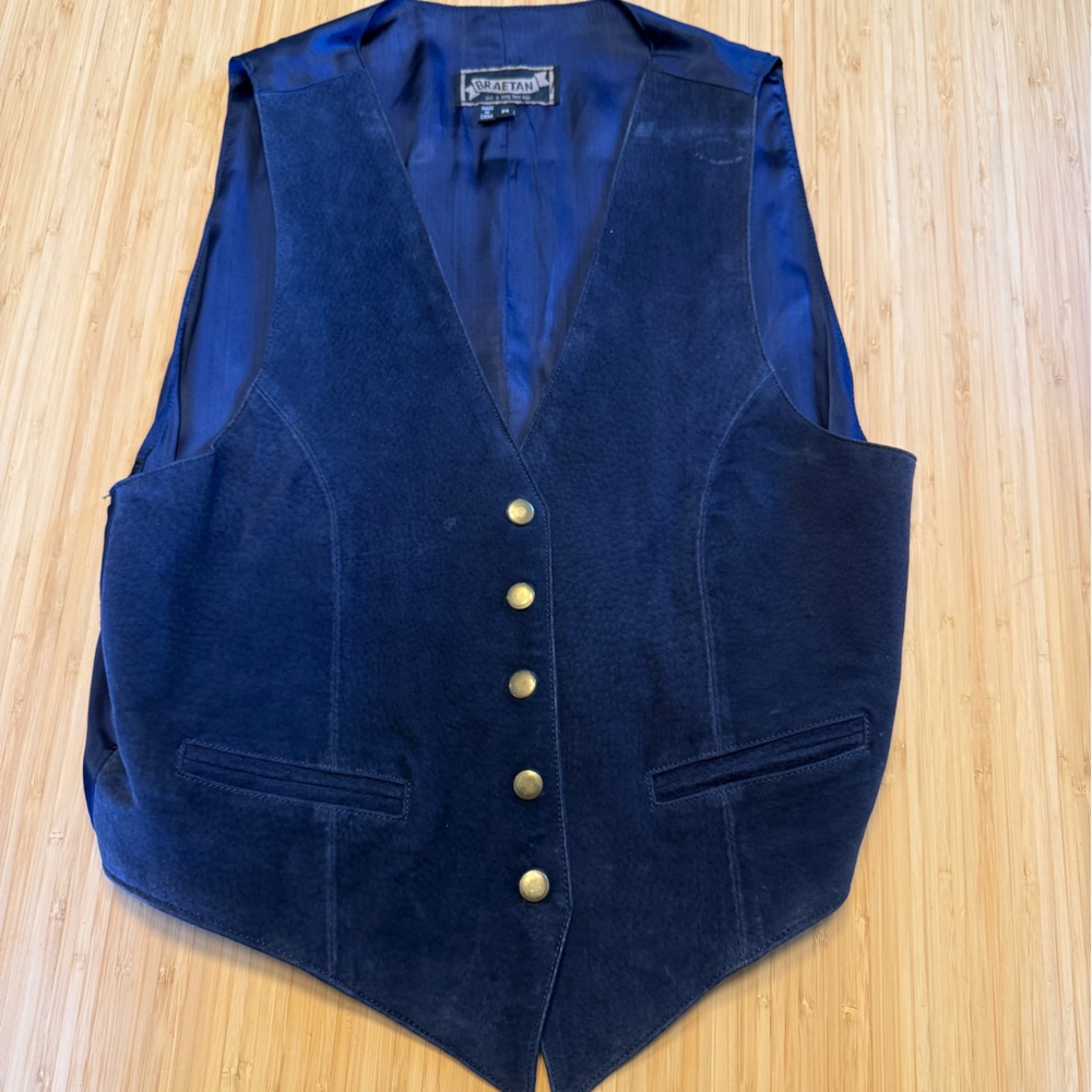 Vintage Suede Blue Vest with Brass Buttons